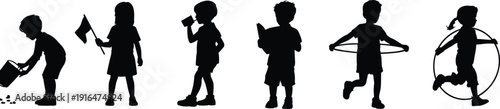 Children silhouettes collection playing and learning activities, kids vector illustration set