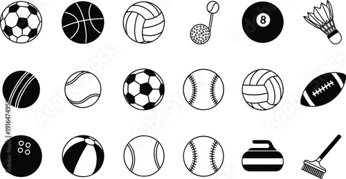 Sports balls icon set, football basketball volleyball baseball tennis golf billiard isolated on white background vector illustration collection