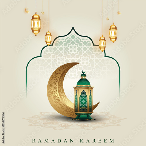 Elegant Ramadan Kareem greeting card design featuring a golden crescent moon traditional green lantern and decorative mosque arch perfect for Islamic holidays and cultural celebrations