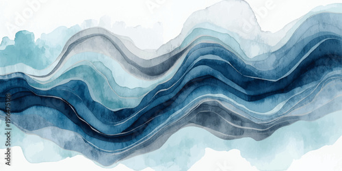 The abstract digital design blends varying shades of blue, from deep ocean tones to soft turquoise highlights, creating a sense of depth and fluid movement.Natural wavelike patterns flow organically. 