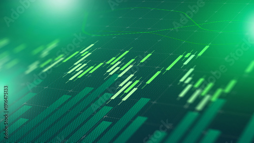 Data visualization shows stock market trends on green background in digital format