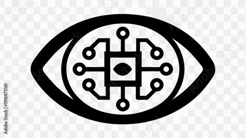 Futuristic eye symbol with circuit board design in black and white vector illustration