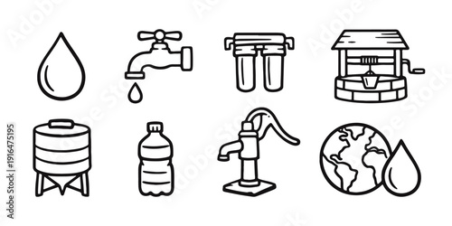 Water Resources and Sustainability Icon Set for Environment, Hydration, and Clean Water