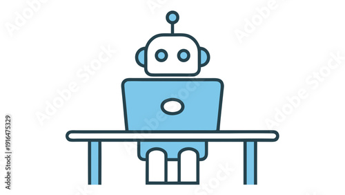 Robot working on slim laptop at minimalist office desk with simple design