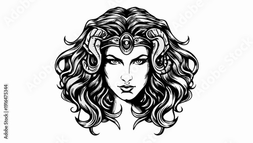 Mythic underworld empress with snakes in hair crown