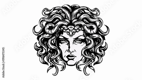 Mythological serpent queen portrait with intricate gothic design and floral crown