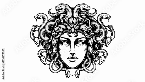 Gothic female face surrounded by snakes medusa inspired illustration