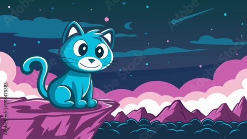 Smiling blue cartoon cat sitting on cliff edge under starry night sky with pink clouds and mountains