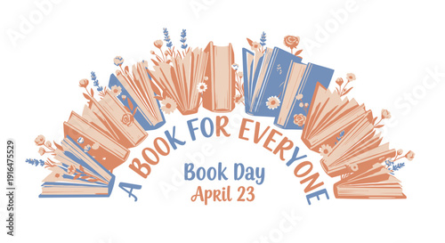Vector illustration of stacked books with 'A Book For Everyone' text for World Book Day on April 23