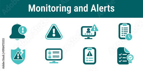 Monitoring and alerts icons illustrating access activity tracking warnings notifications incidents and compliance monitoring in digital platforms
