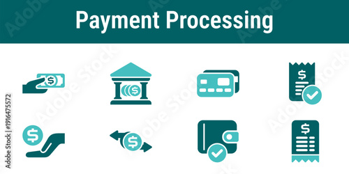 Payment processing icons representing corporate transactions payment methods confirmation transfers and financial settlement in B2B systems