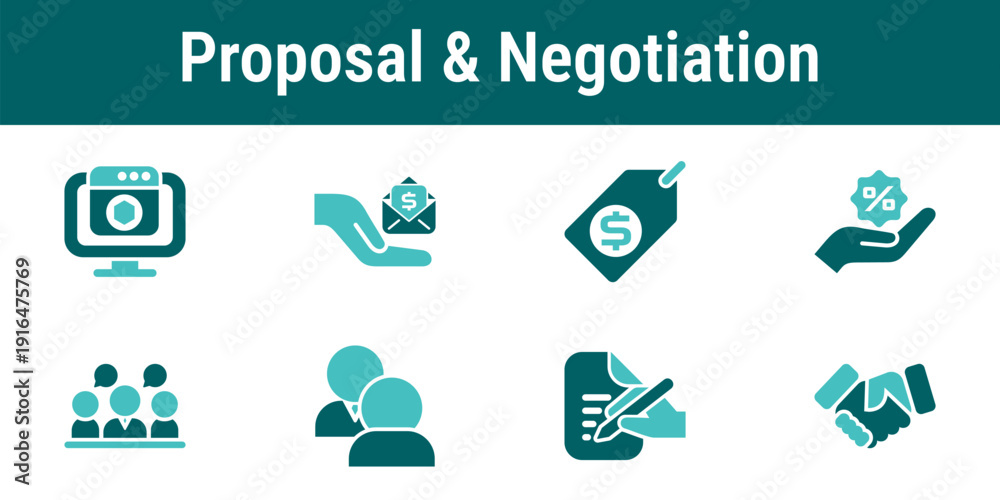 Fototapeta premium Proposal and negotiation icons representing demo presentation offer proposal pricing discussion objections handling and negotiation workflow for sales deals