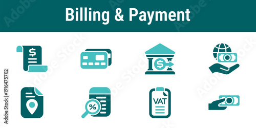 Modern billing and payment icons for business finance workflow invoices, cards, banking, payouts, taxes, discounts and money transfer for online services