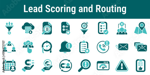 Lead scoring and routing icons illustrating lead evaluation prioritization segmentation qualification assignment and distribution workflow for CRM and sales systems