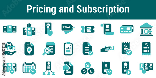 Pricing and subscription icons for SaaS billing workflow plans, free trial, discounts, invoices, taxes, receipts, renewal, upgrades and payment methods