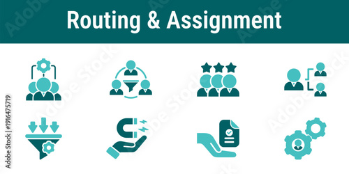 Lead routing and assignment icons representing distribution allocation team assignment notifications and automated lead transfer workflow