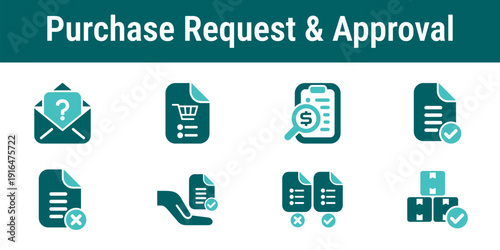 Purchase request and approval icons showing requisitions budget checks approval steps and procurement decision workflow for business purchasing