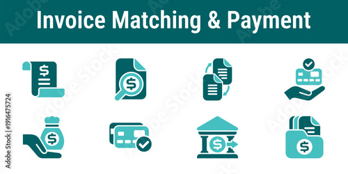 Invoice matching and payment icons representing invoice review three way matching approvals payment processing and accounts payable workflow