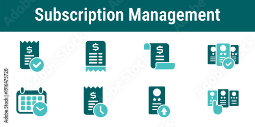 Icons for subscription management workflow billing cycles, invoices, plan changes, renewals, upgrades, cancellations and customer account control for SaaS services