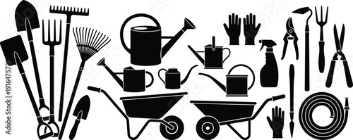 Black gardening tools icons set with shovel rake wheelbarrow watering can and lawn care equipment silhouettes isolated on white background for horticulture graphic design