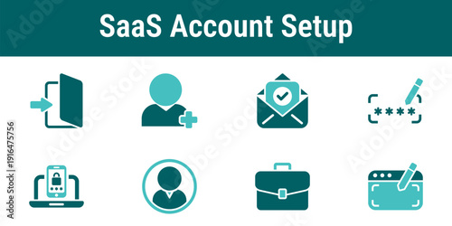 SaaS account setup icons illustrating user registration login email verification security profile company and workspace creation for software applications