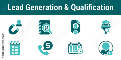 Lead generation and qualification icons showing prospect capture screening contact validation lead scoring and sales readiness workflow in CRM