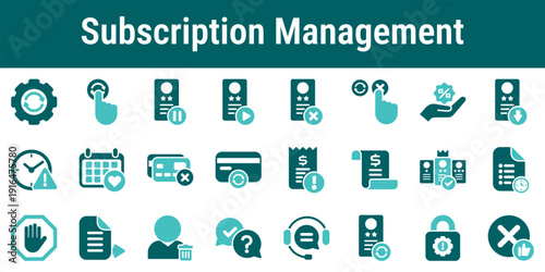 Subscription management process icons illustrating control billing renewal pause cancellation payment status and customer support workflow for SaaS platforms and digital services