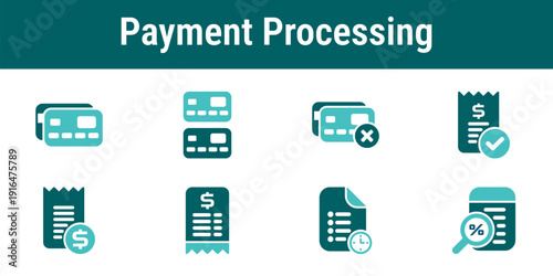 Icon set representing payment processing transactions billing invoices receipts payment approval declined cards and financial verification