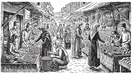 Bustling traditional market engraving, cultural lifestyle etching