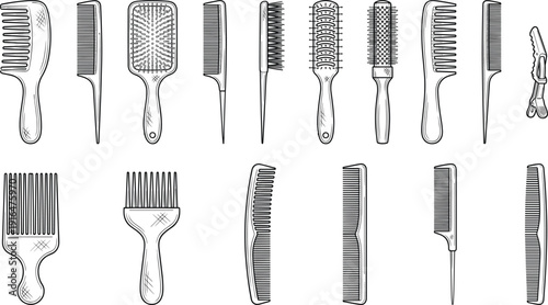 Hand drawn hair comb and brush set with different barber tools for styling and grooming isolated on white background for salon and hairdresser design