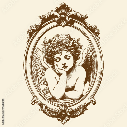 Valokuva Cherubic Angel in Ornate Frame, Head Resting on Hand, Symbolizing Thoughtfulness