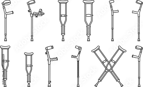 Vector Illustration Set of Medical Crutches Featuring Underarm Crutches Forearm Crutches and Platform Crutches for Injury Recovery Bone Fracture Mobility and Physical Rehabilitation Support