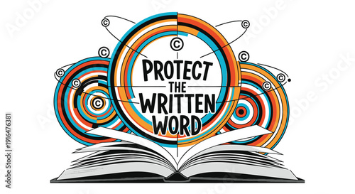 Vector illustration of an open book with Protect The Written Word text on a colorful circular design
