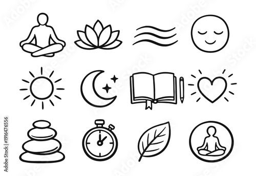 Mindfulness and Wellbeing Line Art Icons - Meditation, Nature, and Self-Care Symbols