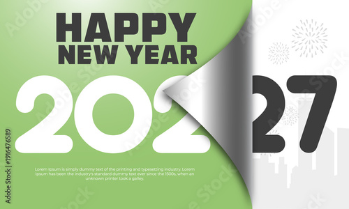 Happy New Year 2027 transition with fireworks and city silhouette