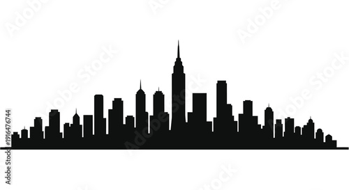 A stark black silhouette of a city skyline prominently featuring the empire state building high quality