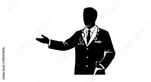 A black silhouette of a doctor in a lab coat presenting with an open palm gesture