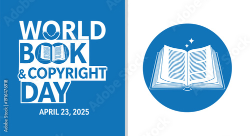 Vector illustration of World Book and Copyright Day logo with open book and sparkles on blue background