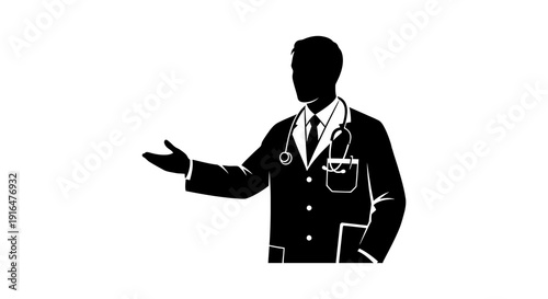 A black silhouette of a doctor in a lab coat with a stethoscope gesturing with an open hand