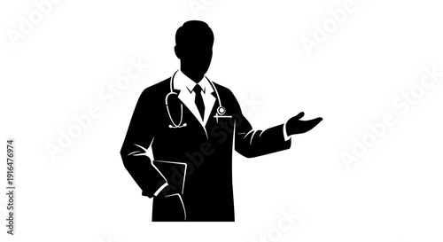 A black silhouette of a doctor in a lab coat gesturing with an open palm