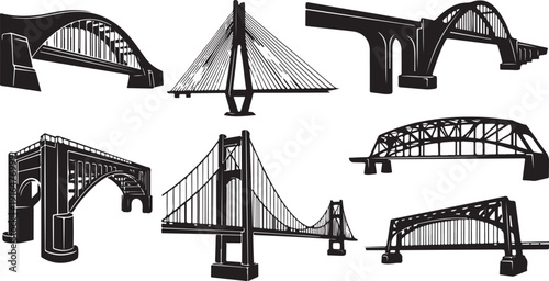Collection of various bridge designs and structures in black