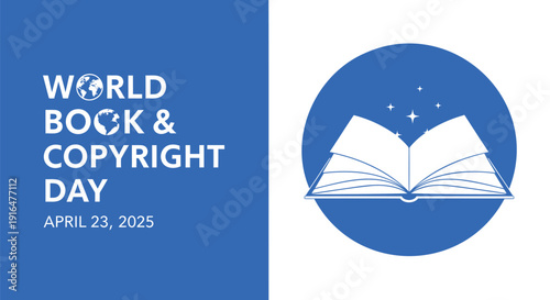 Vector illustration of World Book and Copyright Day on April 23 with open book and stars