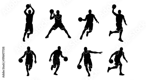 Silhouette collection depicting various basketball players in dynamic action poses and stances high quality professional detailed