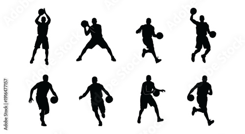 Silhouettes of basketball players in various action poses against a plain white background high quality professional