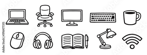 Work from Home and Office Line Art Icons - Remote Work and Workspace Essentials