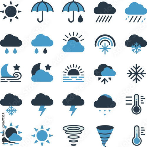 rounded line icon set weather climate clouds sun temperature