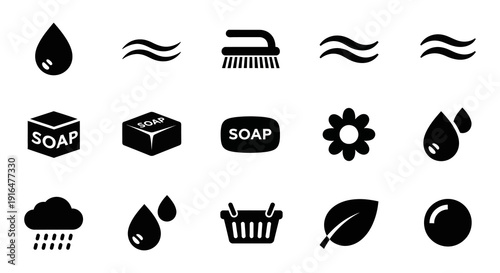 Black icons depicting elements of cleaning weather and nature arranged in a grid pattern high quality