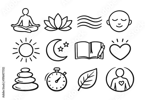 Wellbeing and Mindfulness Doodle Icons Set - Self-Care and Relaxation Elements