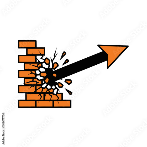 Arrow breaks through brick wall, symbolizing breakthrough, success, and overcoming obstacles