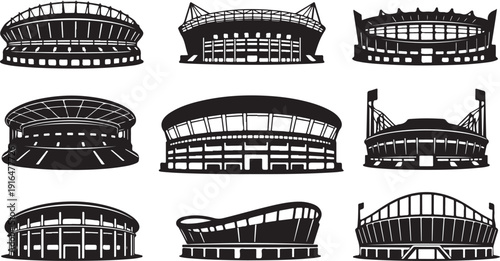 Collection of various stadium silhouettes in black and white